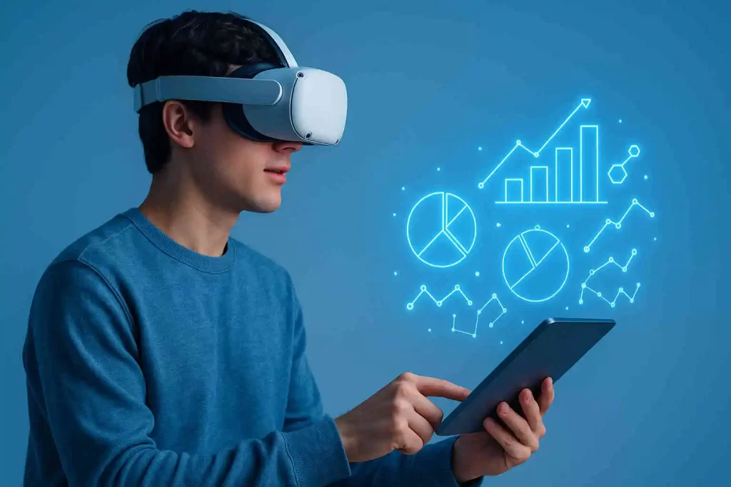 estudante utilizando inovações em educação a distância como realidade virtual e tablet para estudar