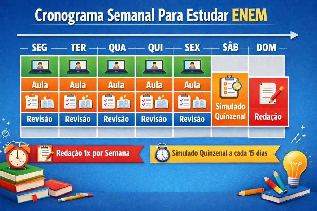 cronograma semanal para estudar para o ENEM com EAD, prática e revisão espaçada.