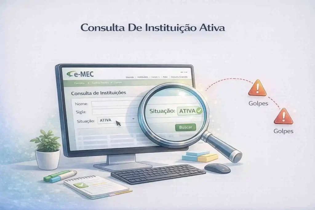 Ilustração do portal e-MEC mostrando consulta de instituição ativa para certificados ead reconhecidos