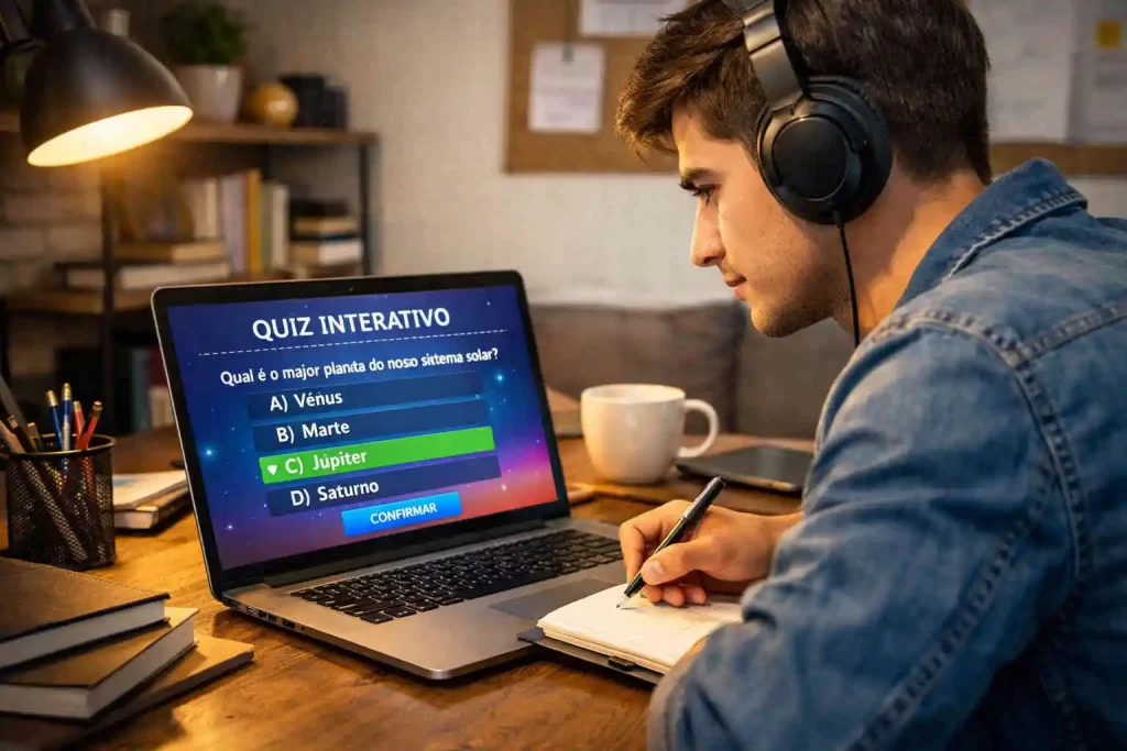 jovem estudante focado realizando atividades interativas em cursos online no notebook
