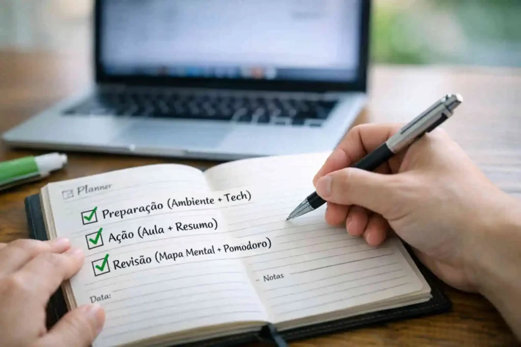 aluno fazendo anotações como parte do método de estudo ativo em seu checklist para começar seu curso online