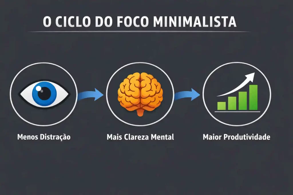 Infográfico mostrando como o ambiente estudos minimalista aumenta a produtividade nos estudos