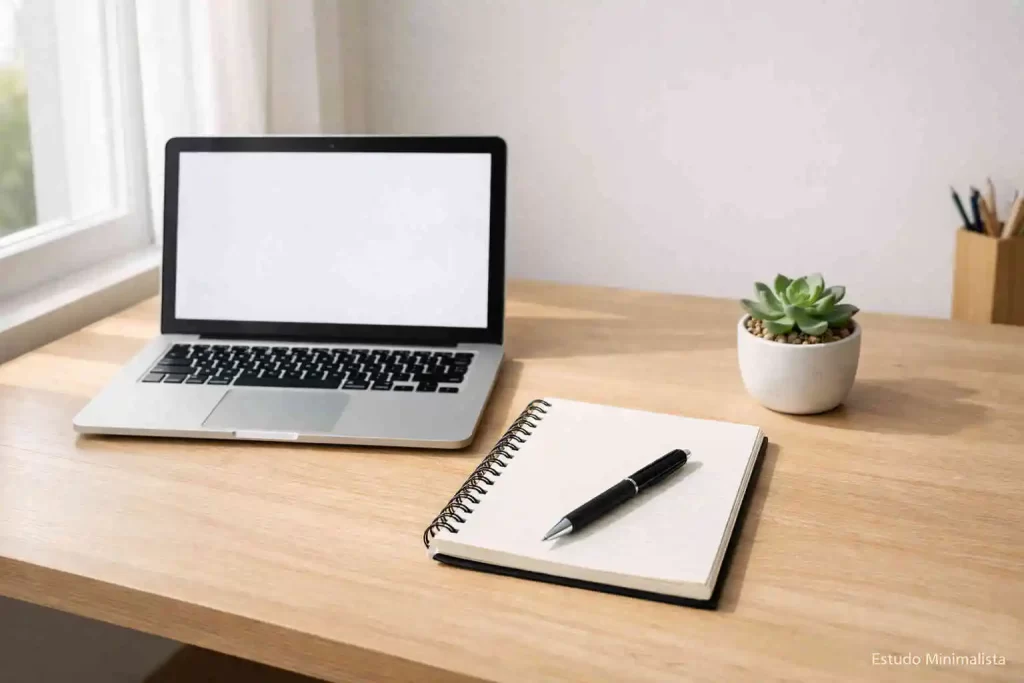 Local para ambiente estudos minimalista organizada com luz natural.