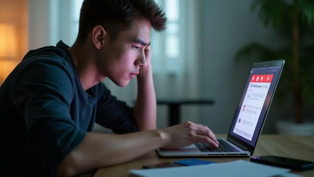 Estudante frustrado identificando os 5 Sinais Claros de Golpe na tela do computador