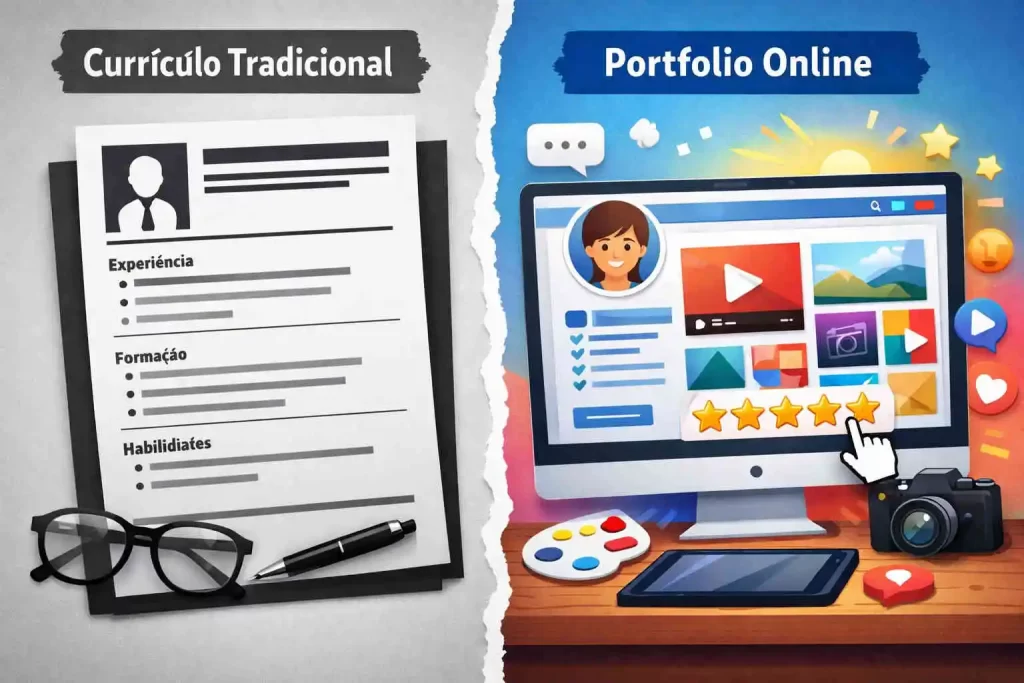 comparação visual entre currículo tradicional e portfólio online dinâmico.