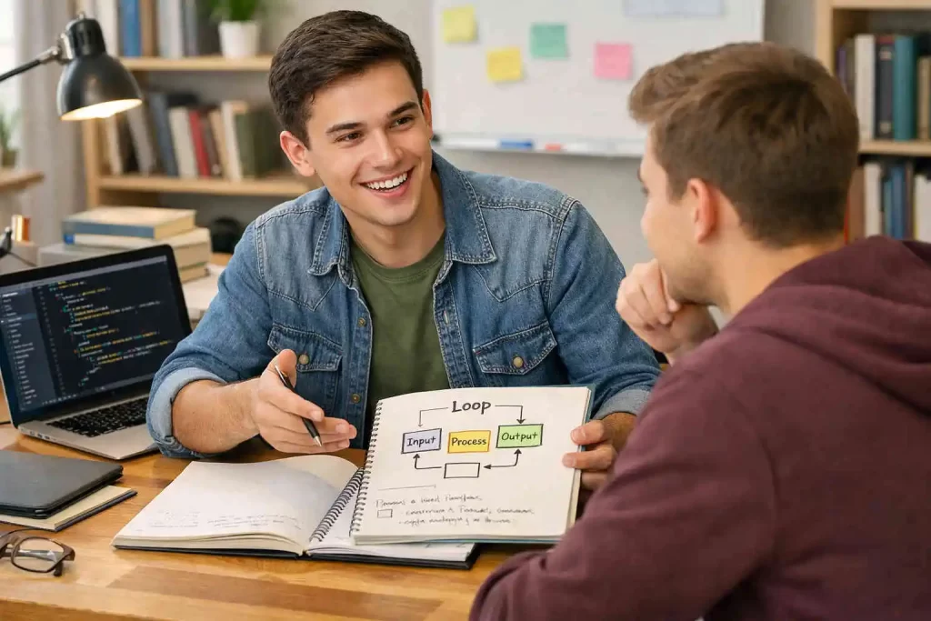 estudante aplicando o metodo feynman ensinando um conteúdo para colega
