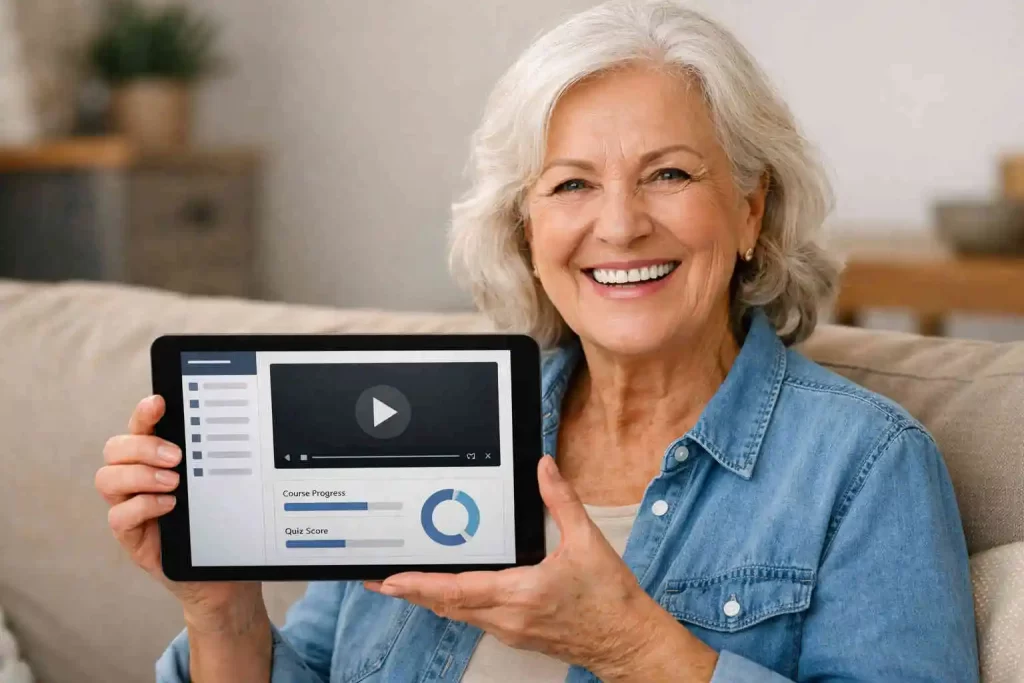 senhora idosa sorrindo enquanto usa tablet para acessar aula online da terceira idade no ead