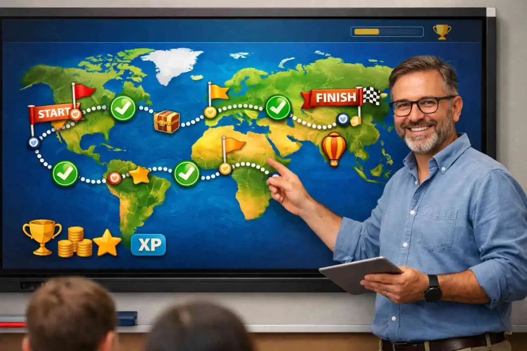Professor explicando aula usando gamificação na educação com mapa de missões.