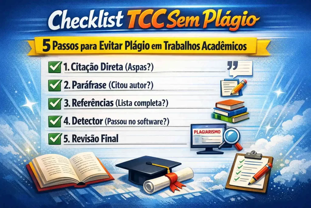 Checklist visual com 5 passos para evitar plágio acadêmico em trabalhos