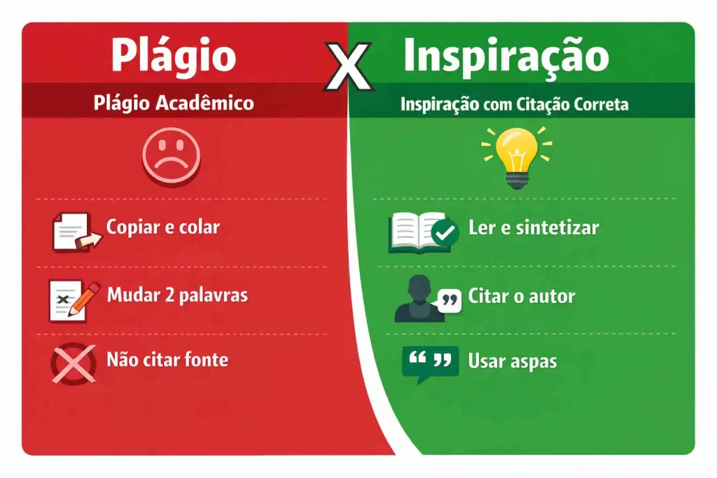 Infográfico comparativo mostrando a diferença entre plágio acadêmico e inspiração com citação correta