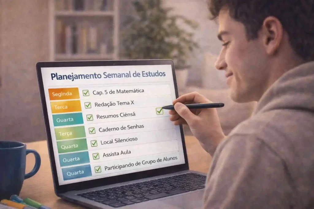 estudante marcando metas cumpridas no seu planejamento semanal de estudos.