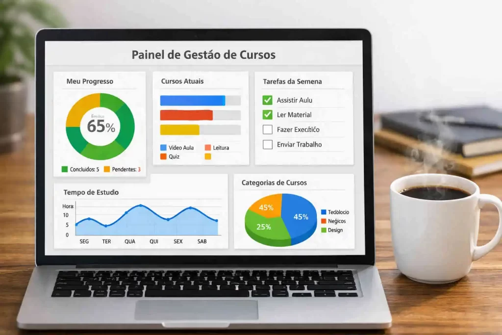 Painel de gestão de cursos explicando o que é LMS na prática.
