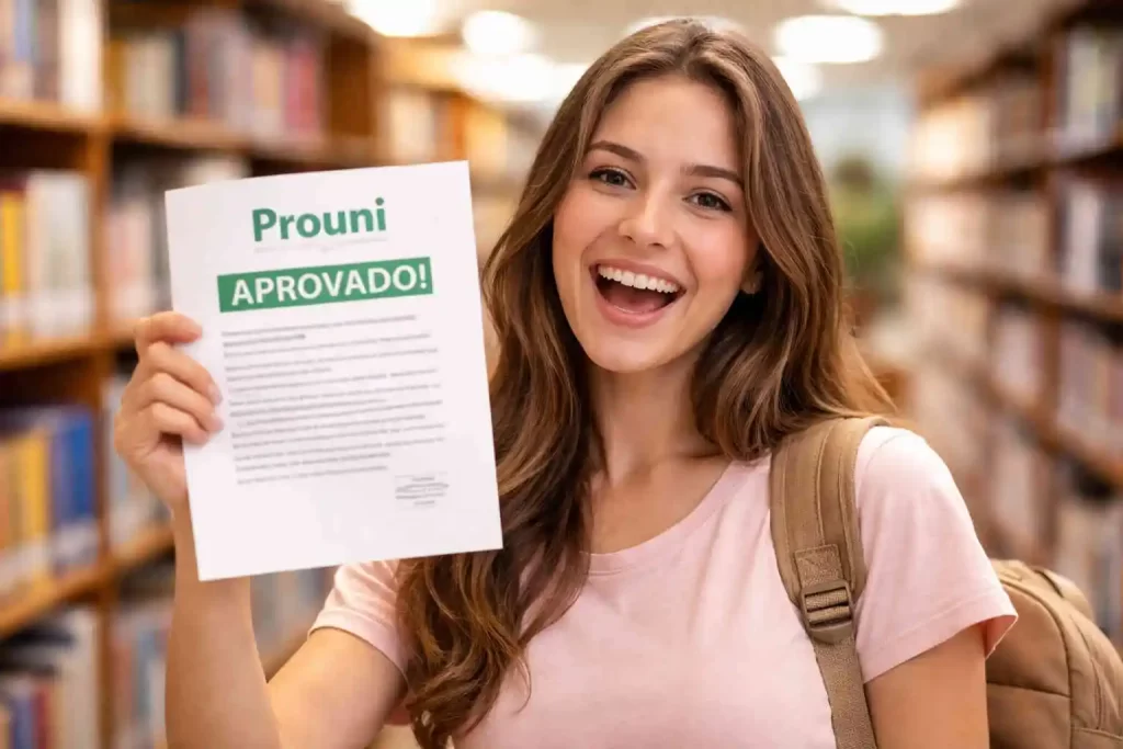 Jovem comemorando aprovação após pesquisar O Que é Prouni.