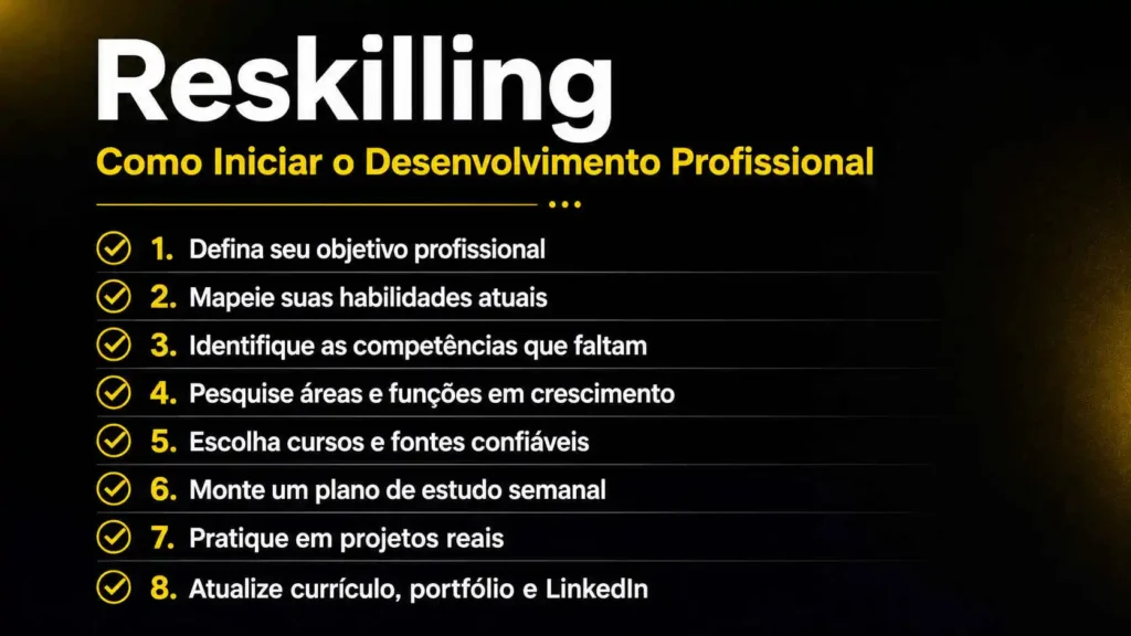 Checklist visual de preparação com 8 passos sobre o que é reskilling e como iniciar.