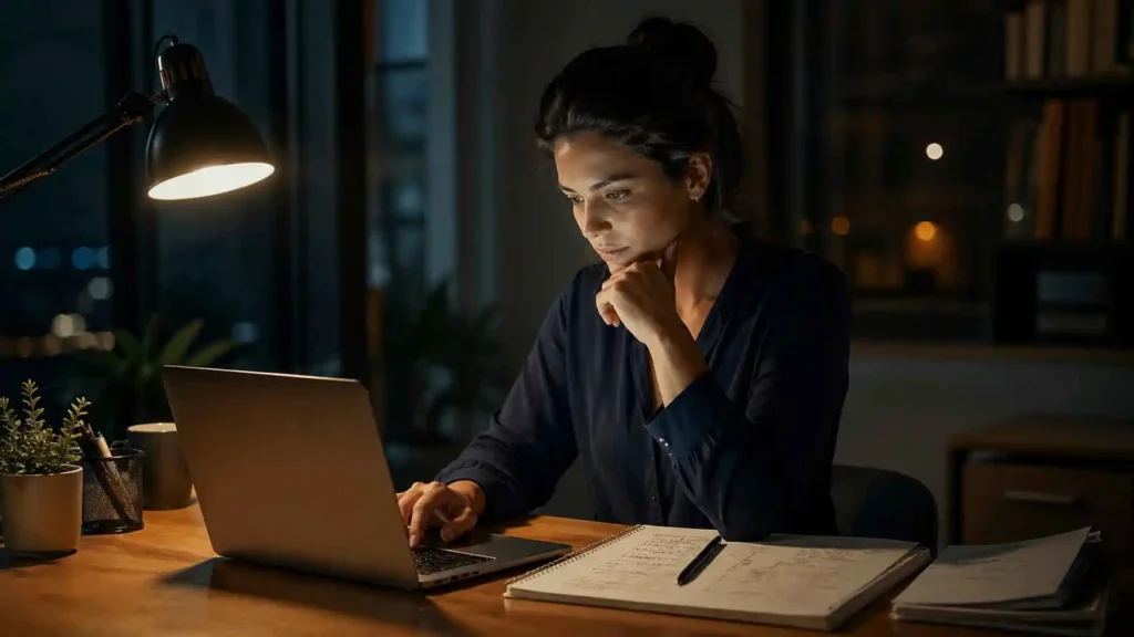 Estudante focada planejando sua transição de carreira após aprender o que é reskilling.