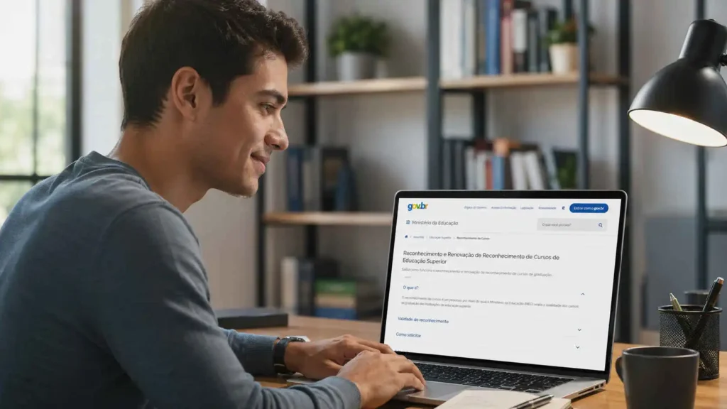 Estudante consultando o  que é MEC no portal do governo para um curso online