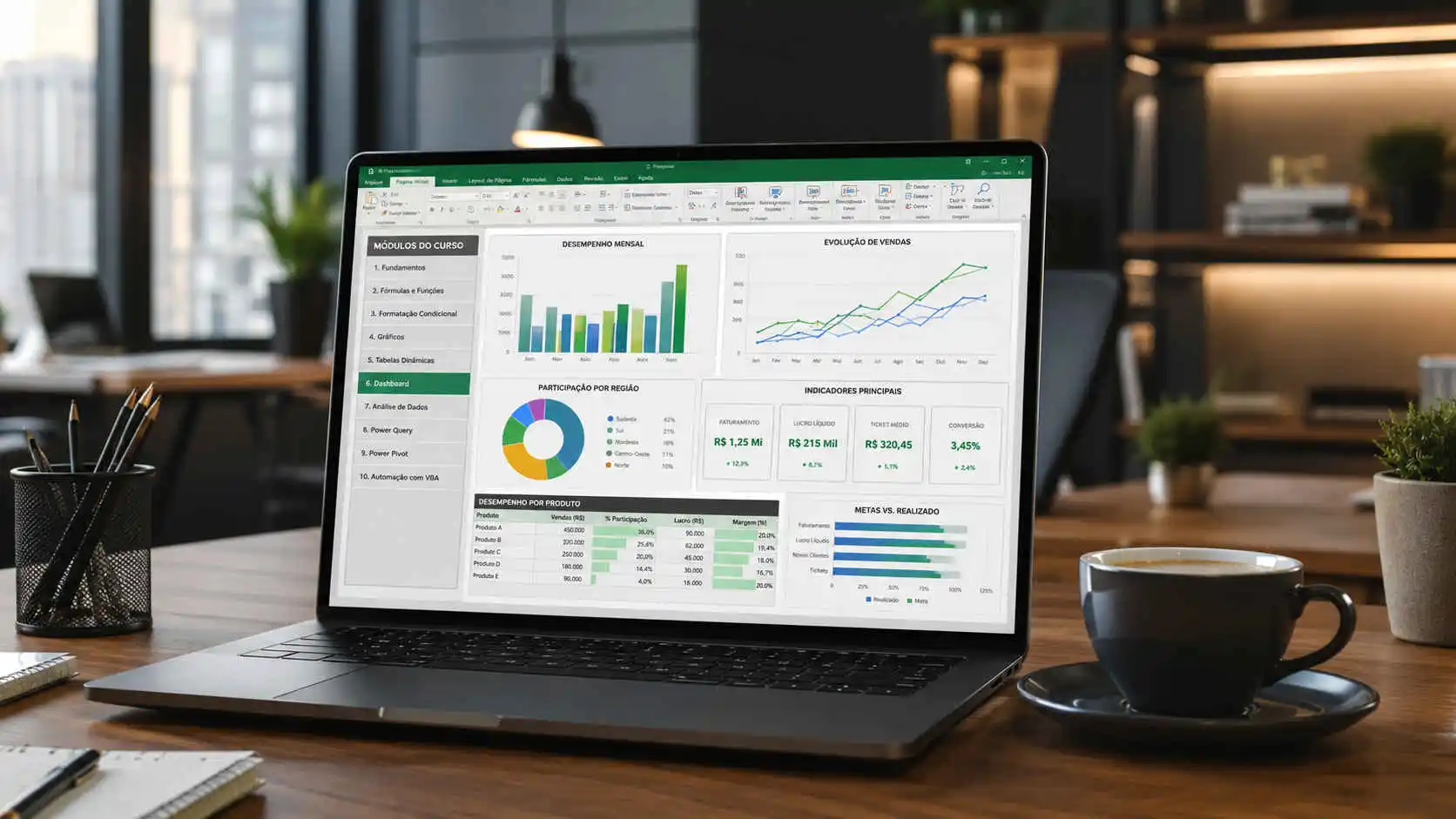 Notebook exibindo dashboard com módulos do curso excel online.
