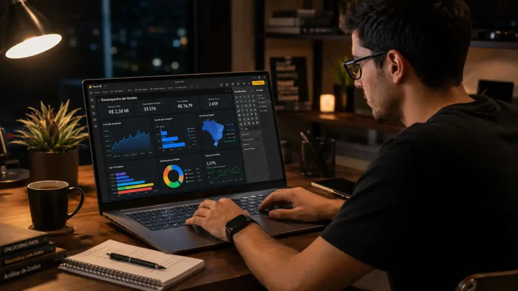Aluno criando gráficos de vendas que aprendeu no curso de Power Bi online.