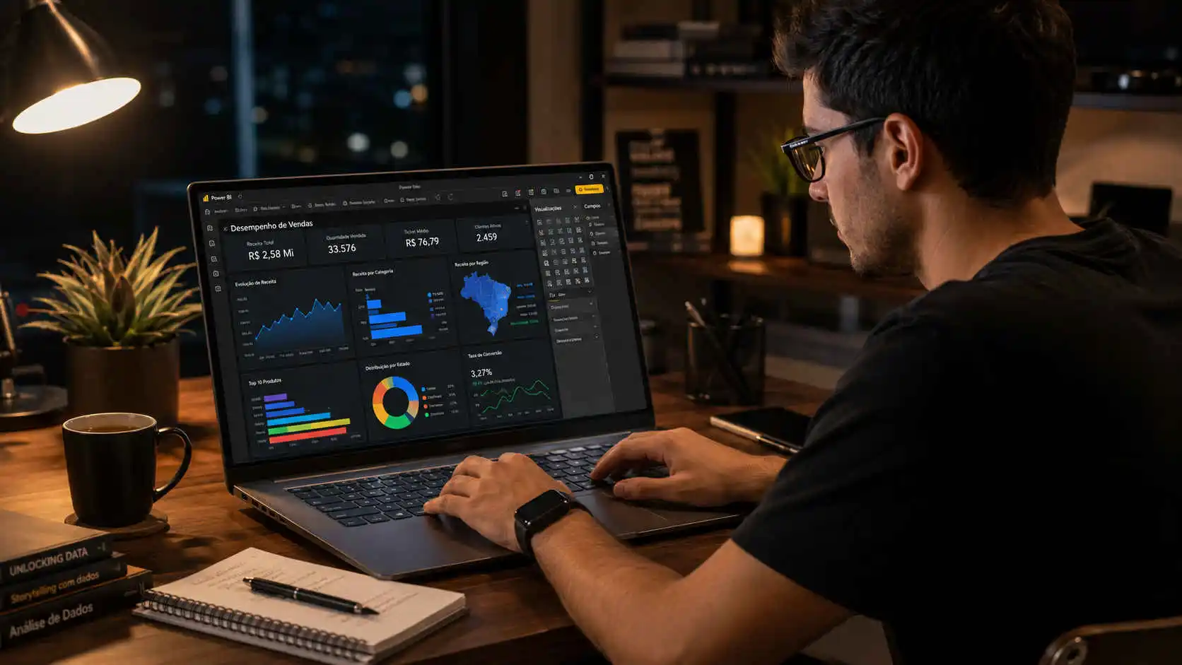Aluno criando gráficos de vendas que aprendeu no curso de Power Bi online.