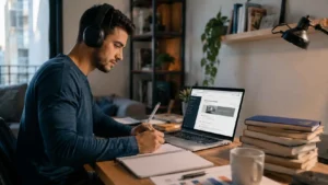 Aluno cursando em sua casa o Cursos de Tecnólogo na Estácio EAD.