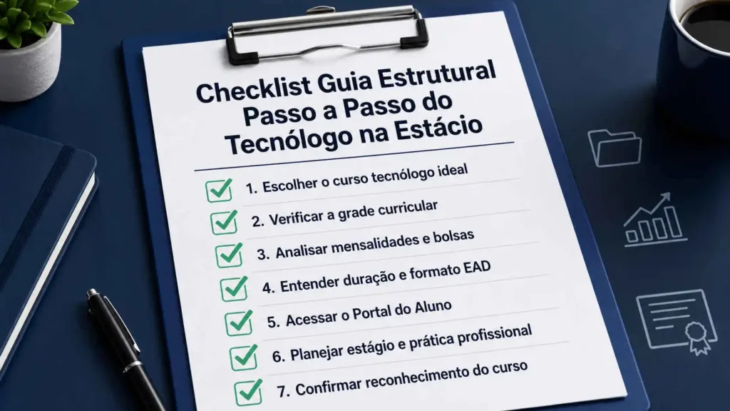 Checklist guia estrutural passo a passo que antecipa o começo na escolha de Cursos de Tecnólogo na Estácio EAD.