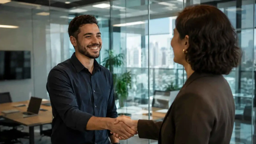Conquista de empregabilidade homem apertando a mão da gerente logo após a admissão do emprego depois de concluir Cursos de Tecnólogo na Estácio EAD.
