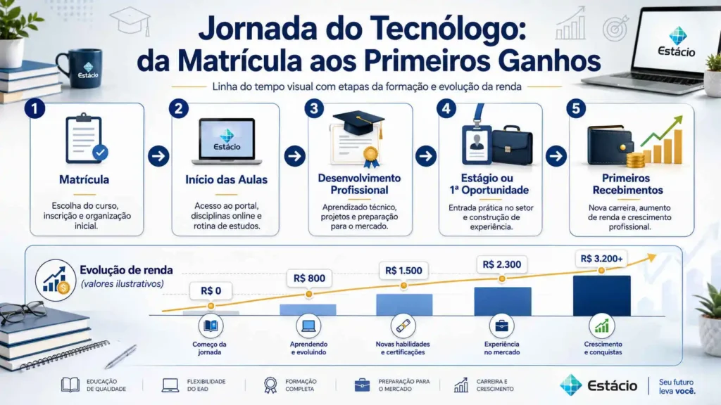 Linha do tempo visual indicando os saltos de salários para alunos dos Cursos de Tecnólogo na Estácio EAD.