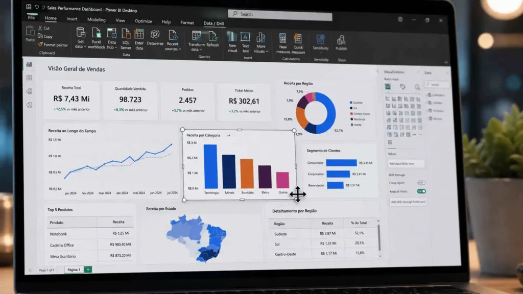 Inserindo gráficos visuais no dashboard no Power BI