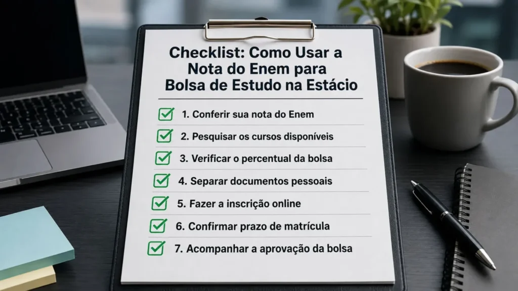 Checklist para usar a Nota do Enem para Bolsa de Estudo na Estácio.