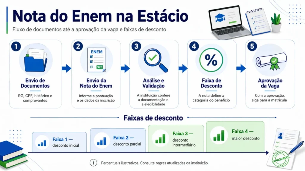 Infográfico das faixas de desconto usando a nota do Enem na Estácio.