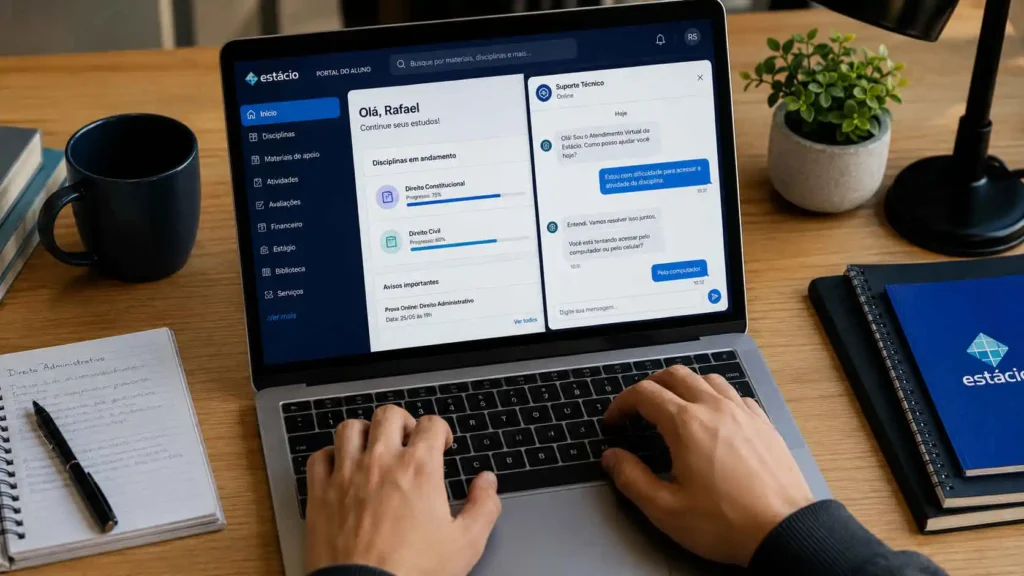 Trocando mensagens em um chat para resolver problemas técnicos pelo Portal do Aluno Estácio.