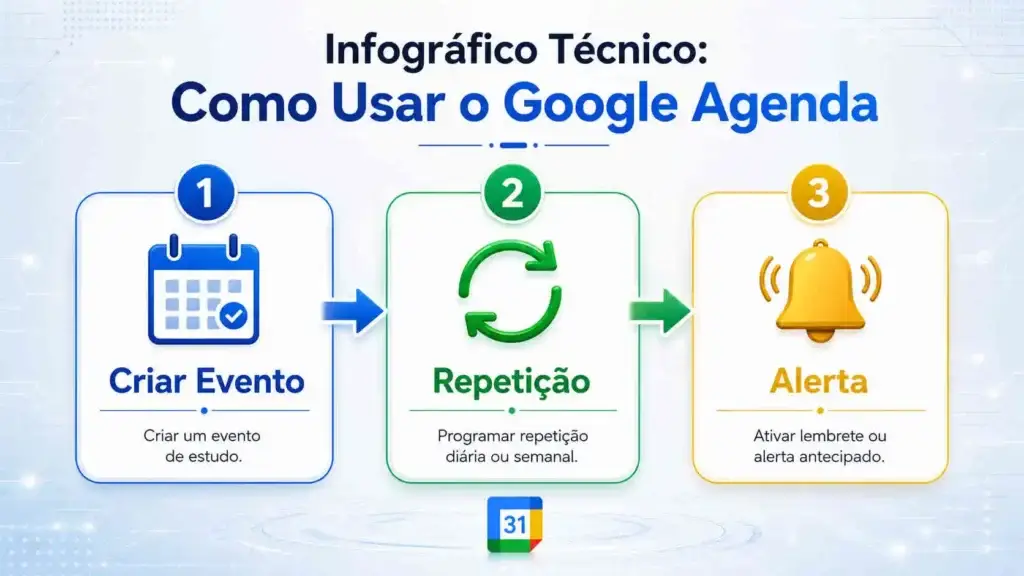 Infográfico mostrando o fluxo técnico de Como Usar o Google Agenda.