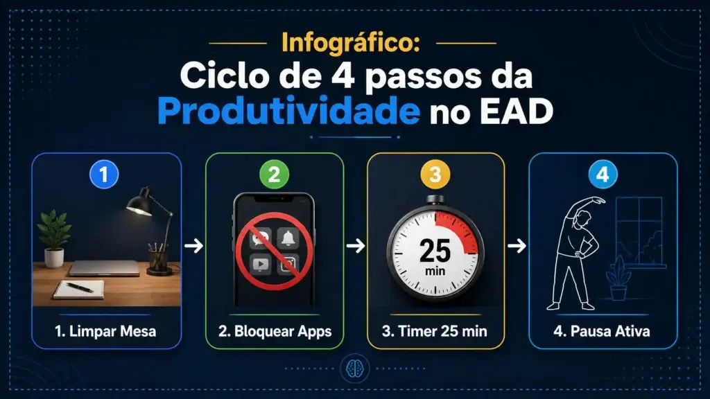 Infográfico mostrando o ciclo de 4 passos da Produtividade no EAD.