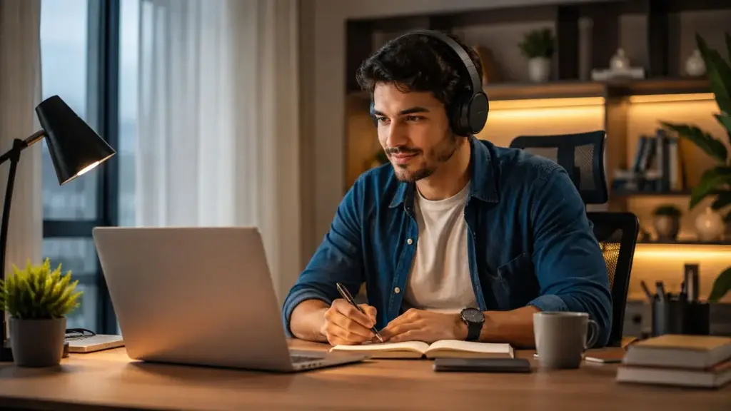 Estudante com fones de ouvido aplicando táticas de Produtividade no EAD.