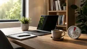 Mesa organizada com notebook e timer para melhorar a Produtividade no EAD.