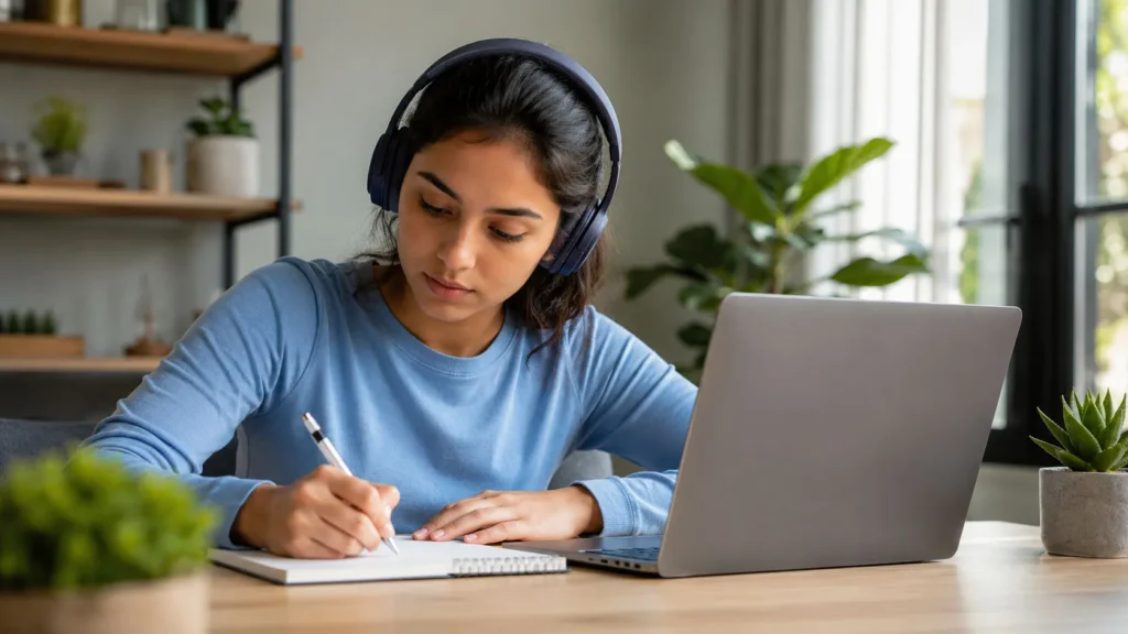 Técnica de concentração estudante usando fones