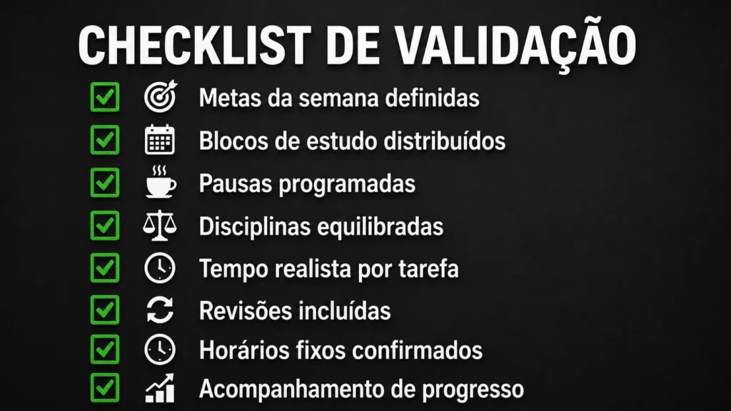 Checklist técnico para conferência de metas ao criar um cronograma de estudos sustentável