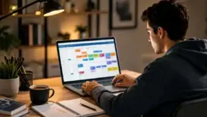 Estudante organizando sua rotina semanal após criar um cronograma de estudos realista no computador.