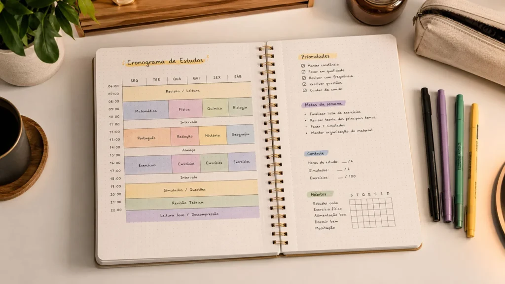 Exemplo prático de divisão de disciplinas ao estruturar e criar um cronograma de estudos eficiente