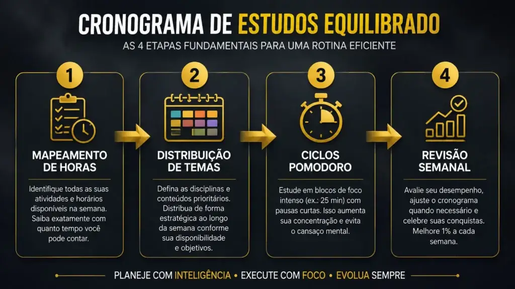 Infográfico explicativo mostrando as etapas fundamentais para criar um cronograma de estudos equilibrado