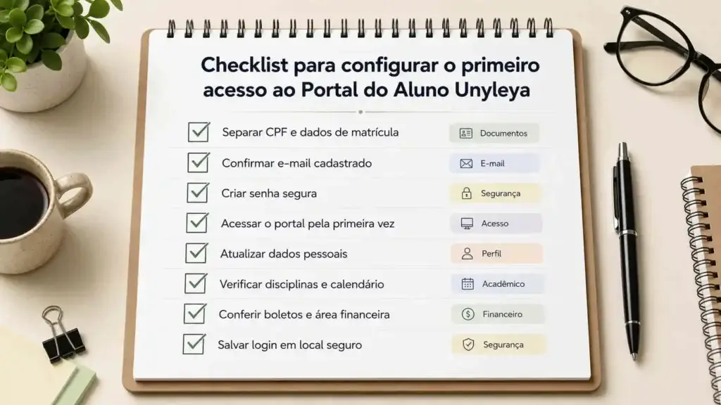 Checklist para configurar o primeiro acesso ao portal do aluno Unyleya.