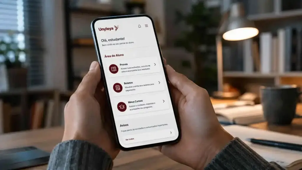 Acessando provas e boletos através do portal do aluno Unyleya pelo celular.