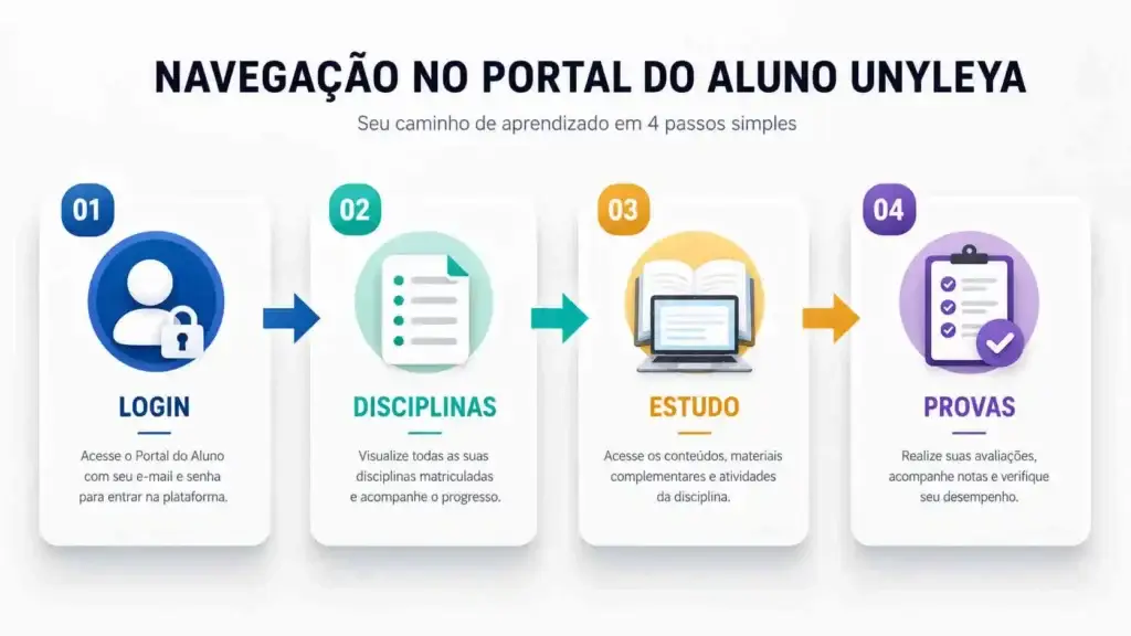 Fluxo visual mostrando a navegação dentro do portal do aluno Unyleya.